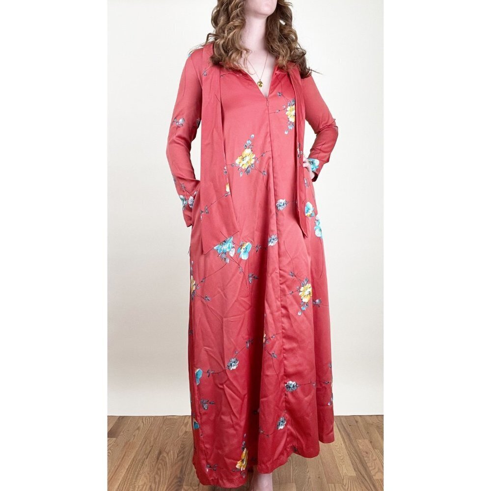 Vintage 50s 60s Maxi Dress House Coat Cover Up Duster Floral Mid Century Modern
